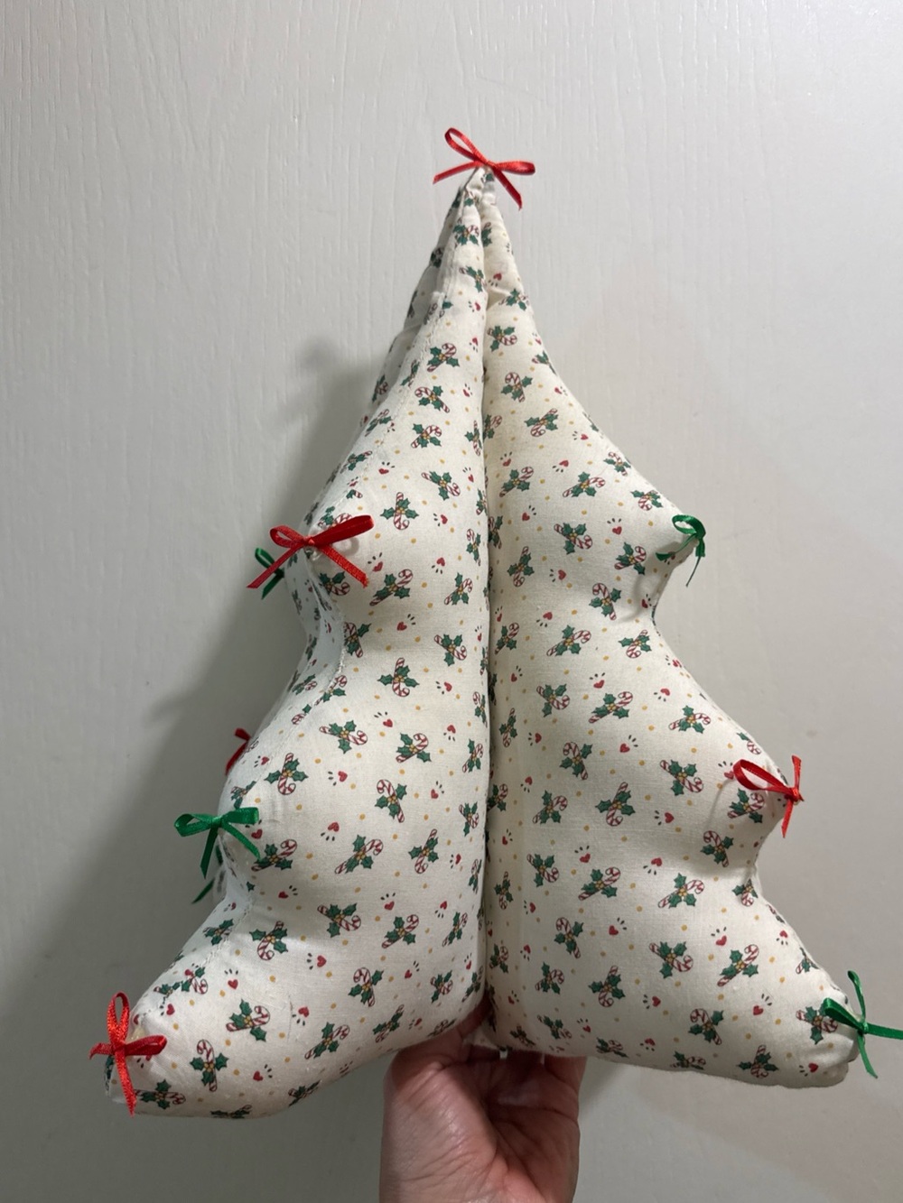 Handmade Coquette 80s free standing Fabric Holiday Tree with Red & Green Ribbon